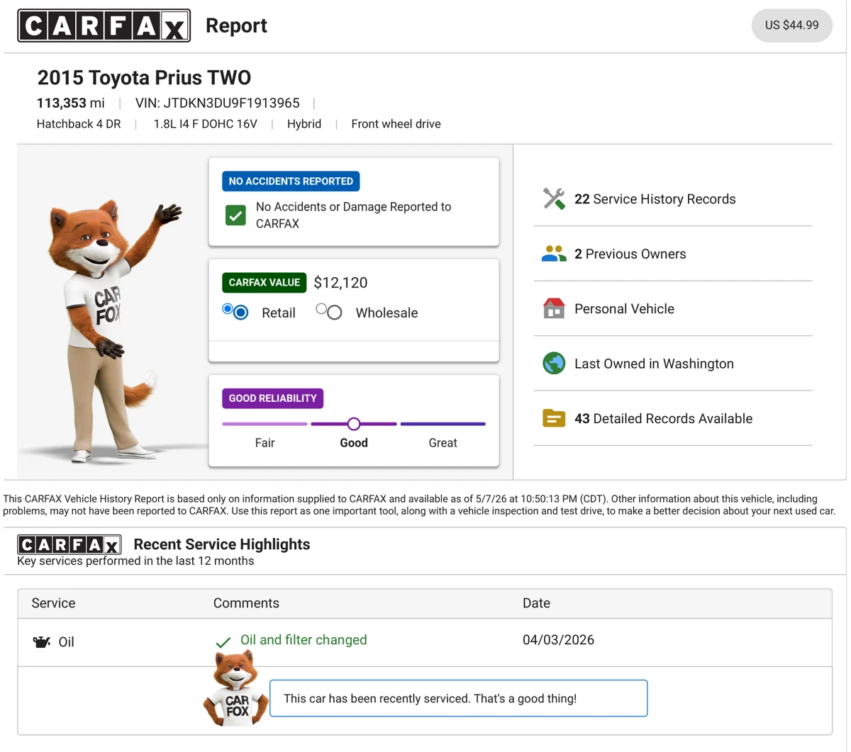 Preview of a vehicle history report with title, accident and service records