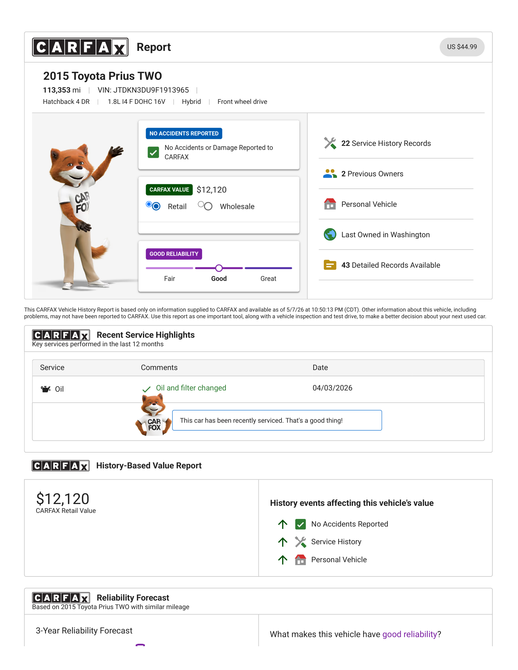 Preview of a Carfax vehicle history report