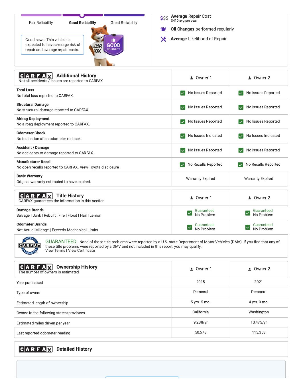 Sample vehicle history report, page 2 of 7