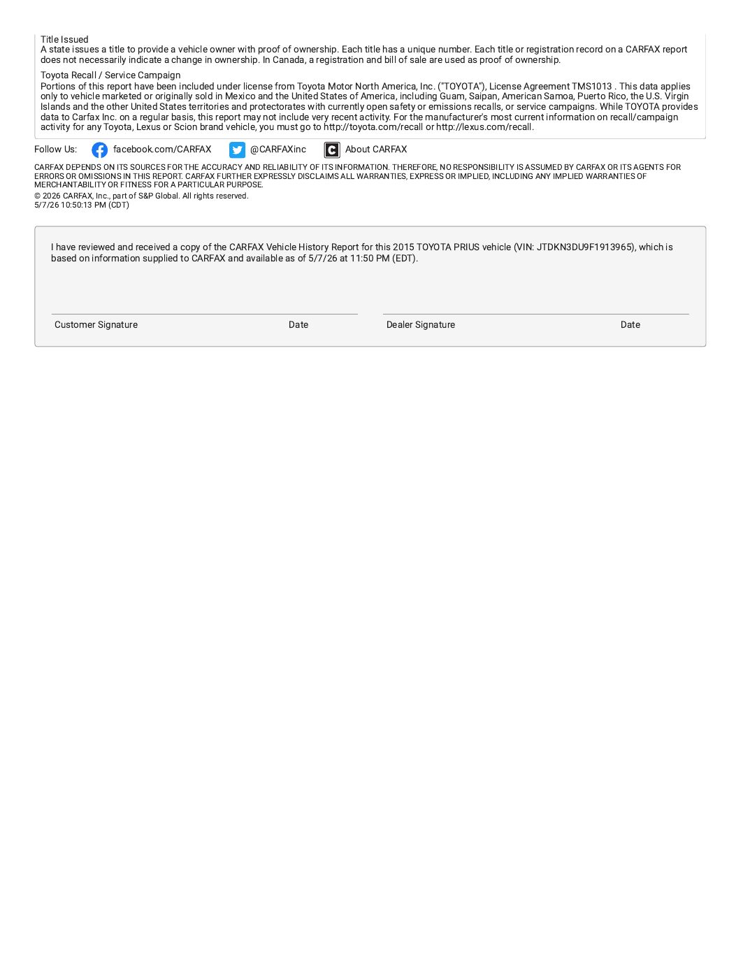 Sample vehicle history report, page 7 of 7